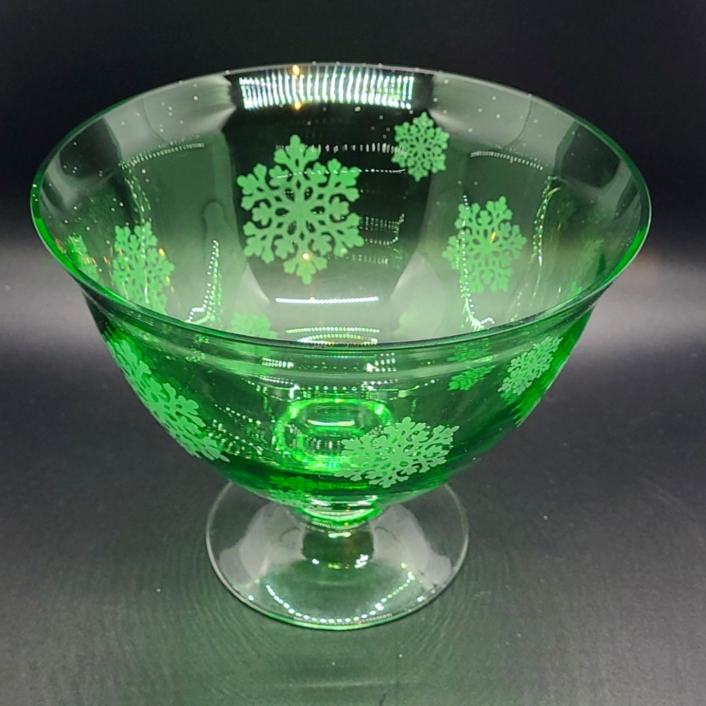 Vintage MCM 60’s Green Compote Bowl With Clear Footed Base & Frosted Snowflakes